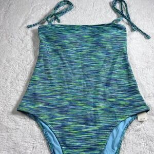 Aerie Space Dye Tie Shoulder One Piece Full Coverage Swimsuit Blue Green Medium